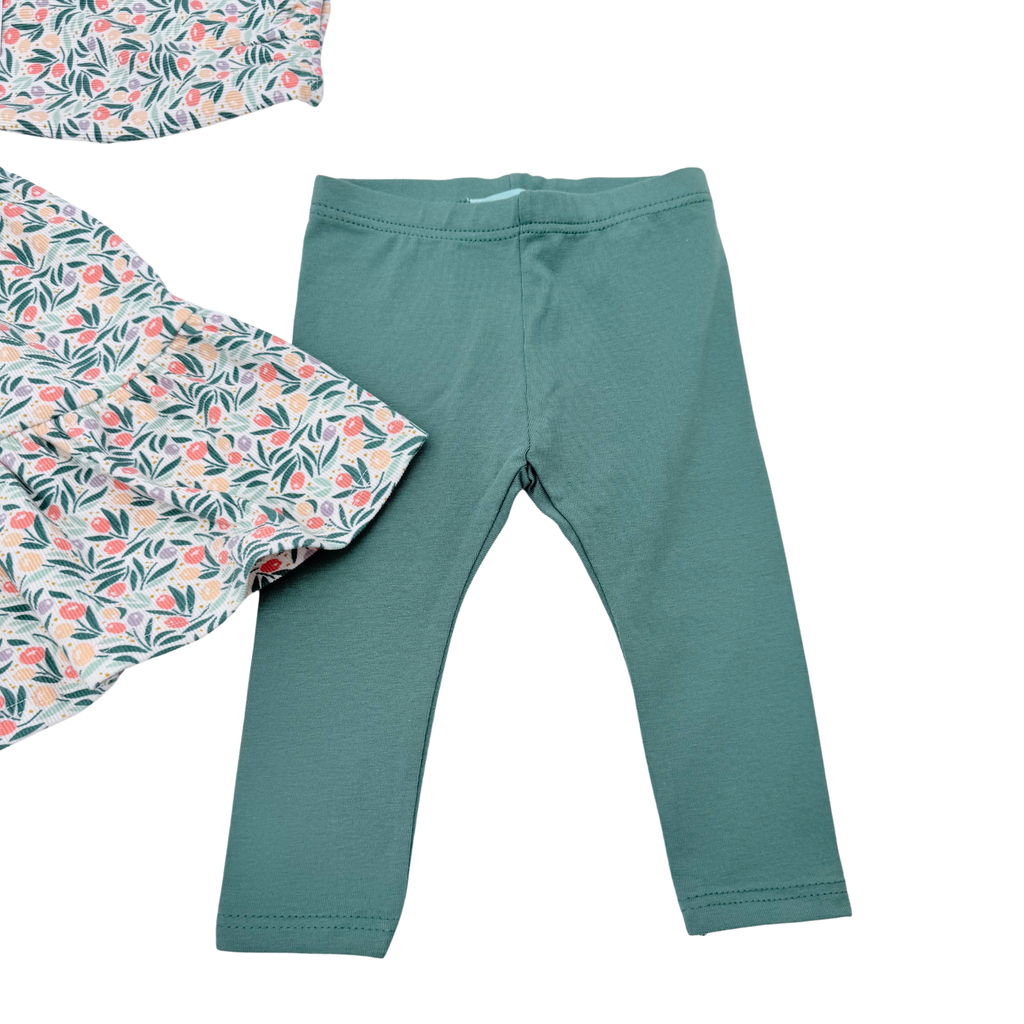 Ensemble fille robe fleurie et legging vert - 6 mois