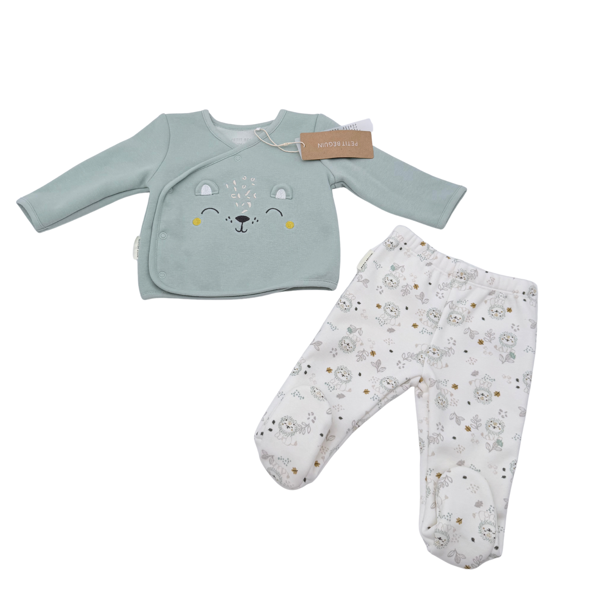Pyjama bébé 2 pièces vert sauge et écru motif animaux - 3 mois
