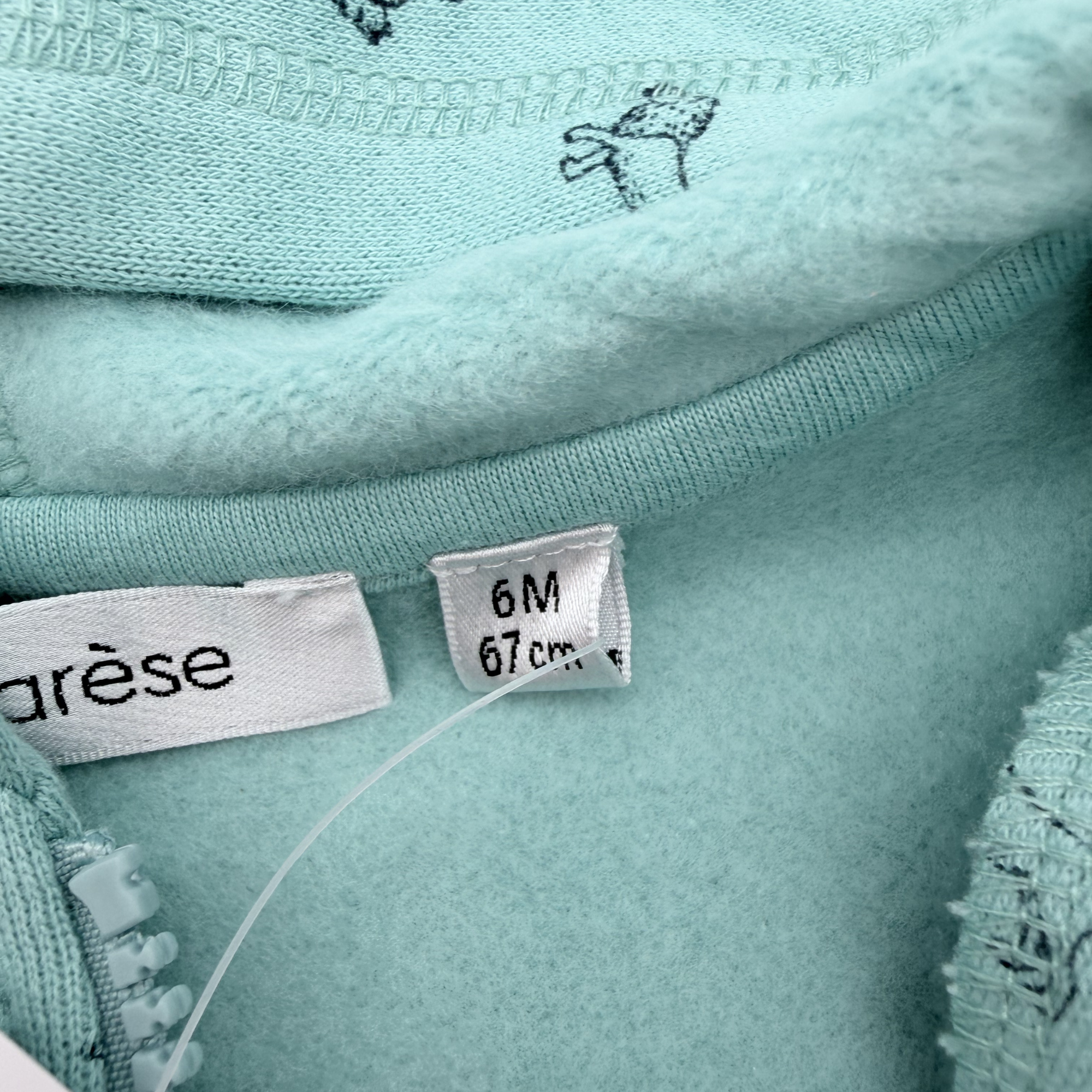 Sweat zippé à capuche vert d’eau imprimé — 6 mois