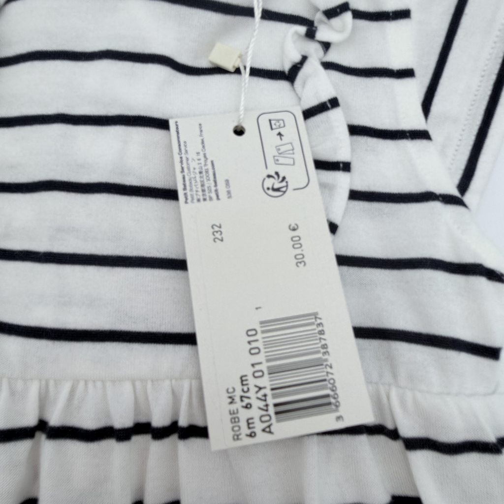 Robe marinière blanche et noire à volants — 6 mois