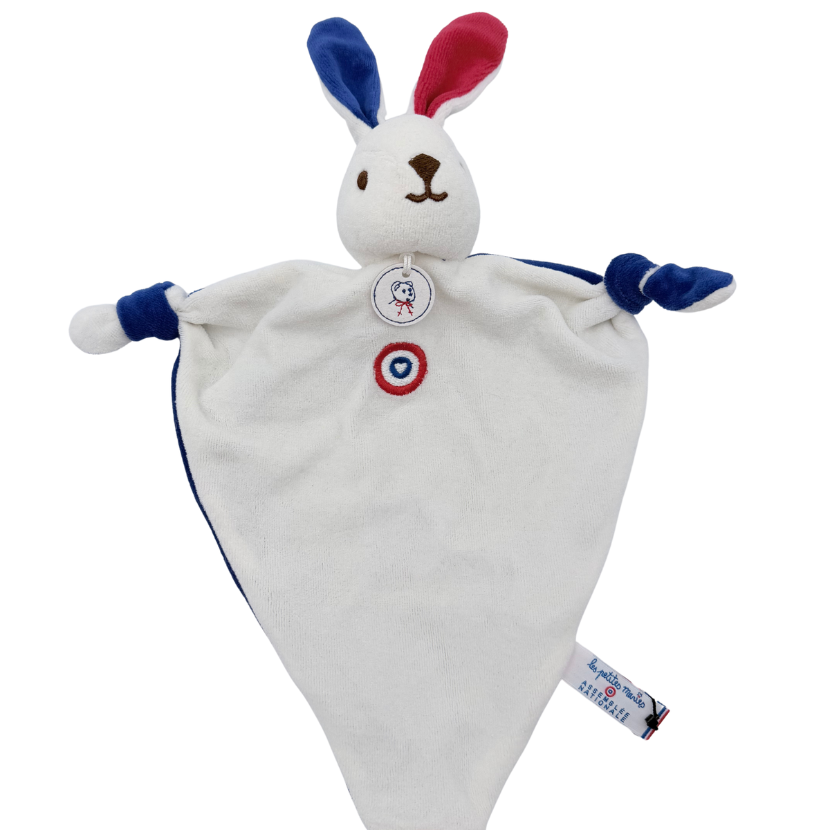 Doudou lapin Pitola tricolore bleu blanc rouge