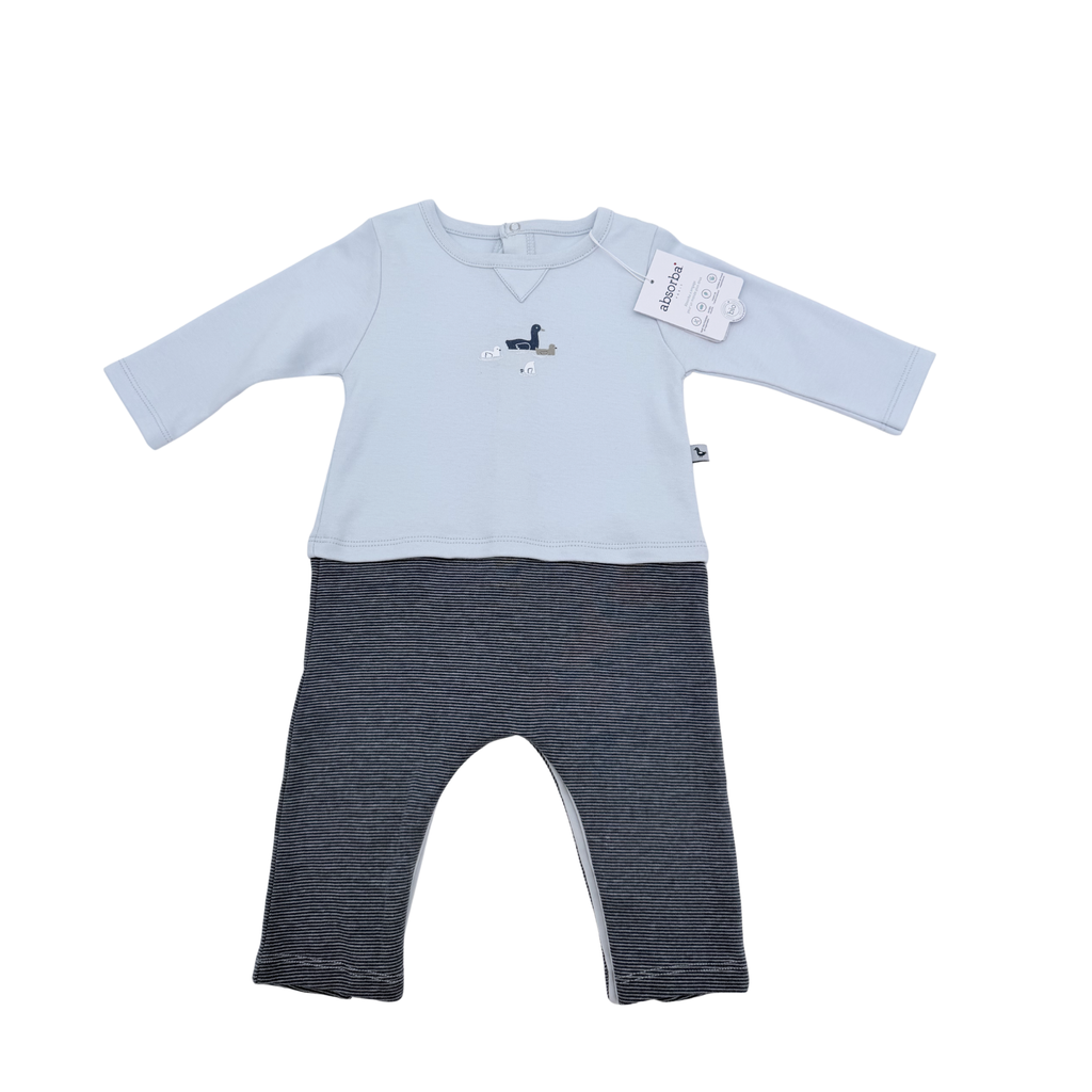 Combinaison bleue ciel et pantalon rayé — 6 mois