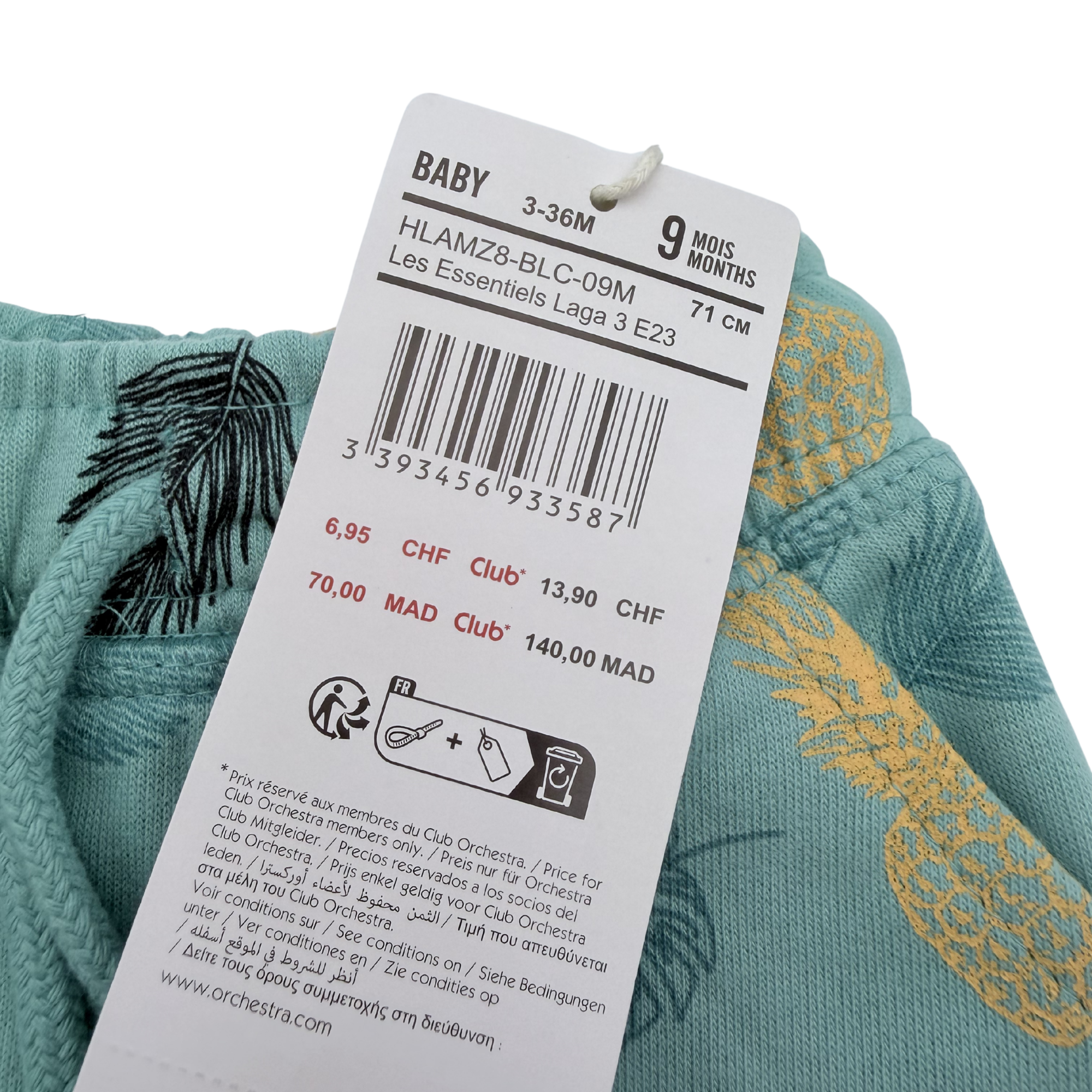 Short bleu imprimé ananas et feuilles — 9 mois