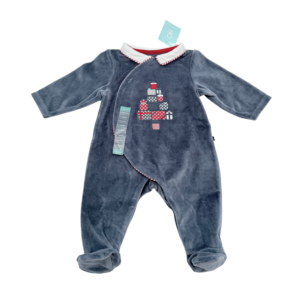 Pyjama bébé en velours gris motif cadeaux - 1 mois