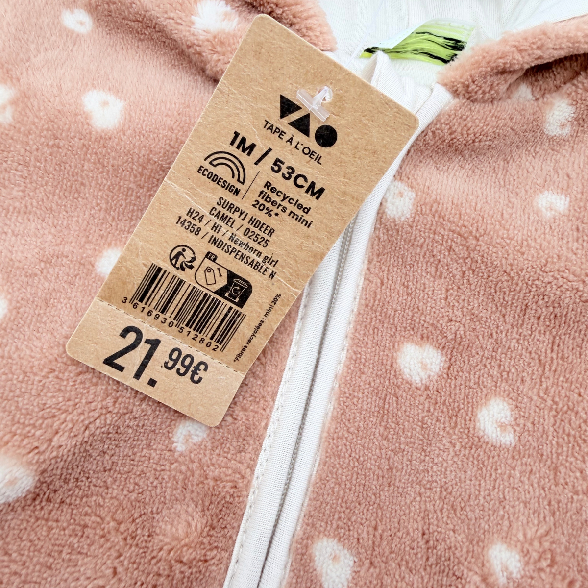 Combinaison pilote bébé marron à pois écrus et capuche animal - 1 mois