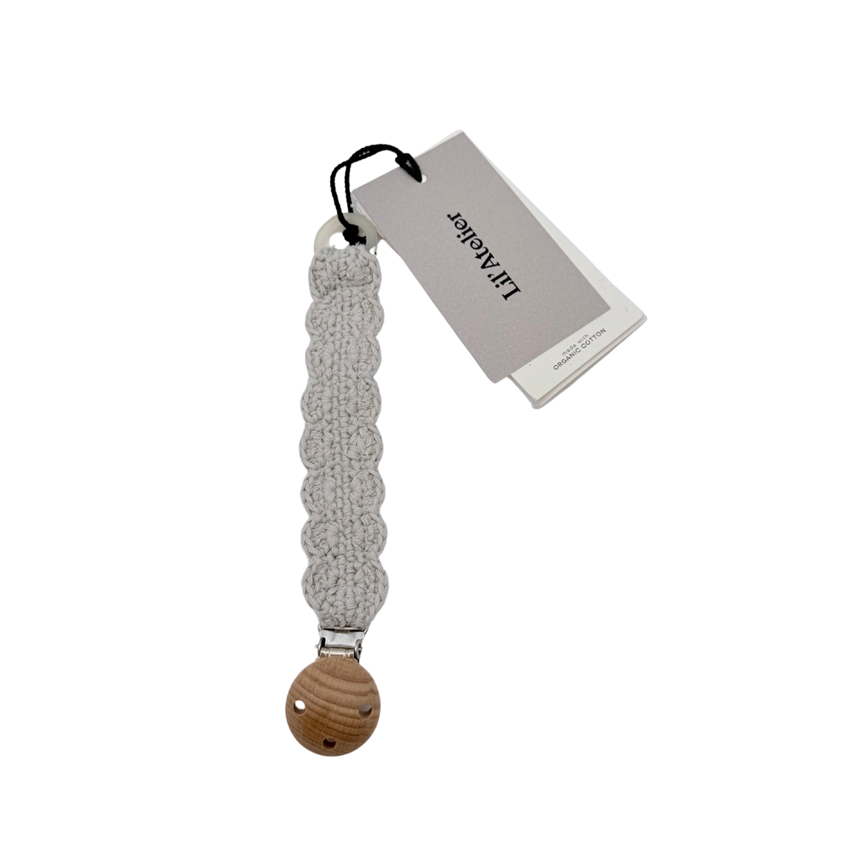 Attache-sucette bébé en crochet beige et bois
