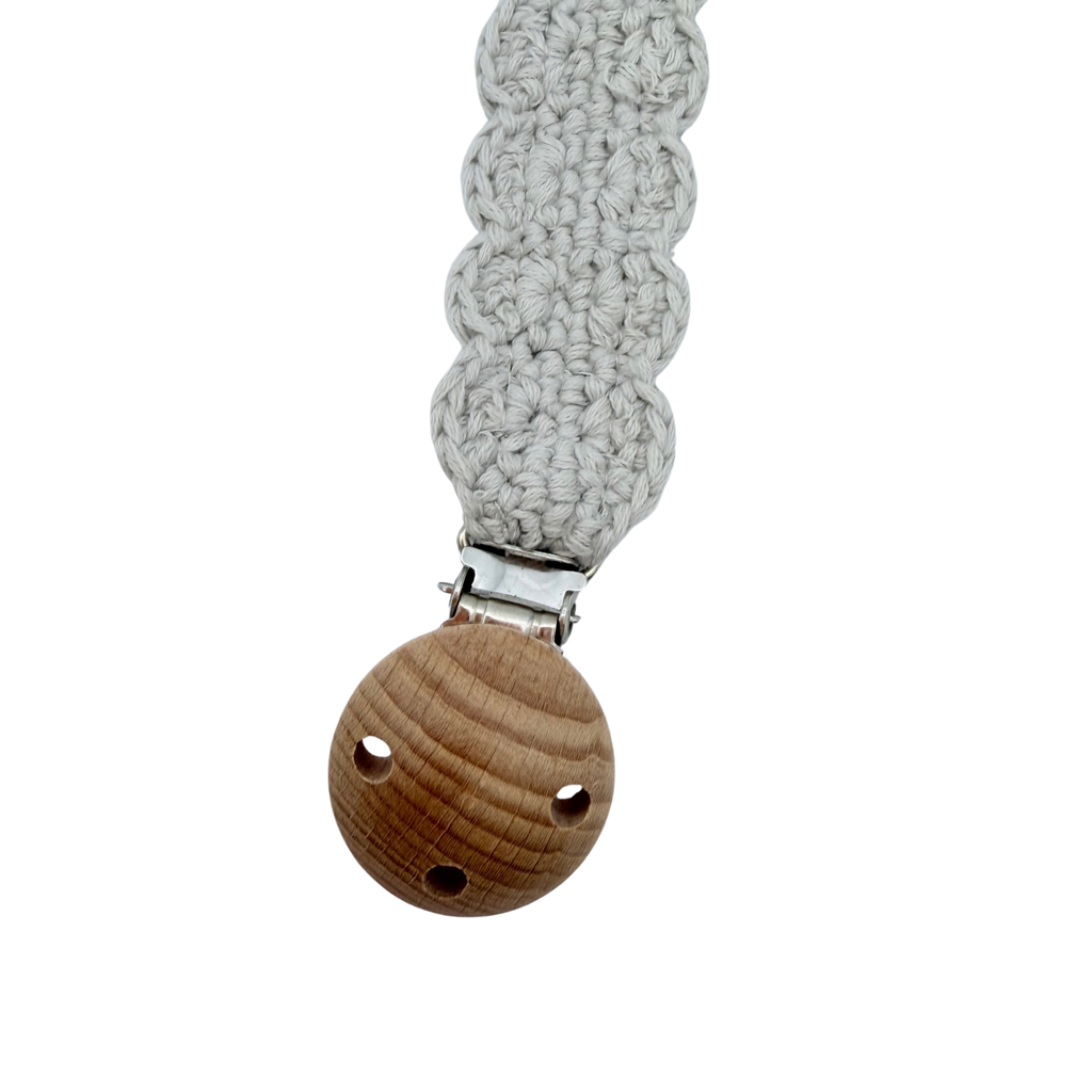 Attache-sucette bébé en crochet beige et bois