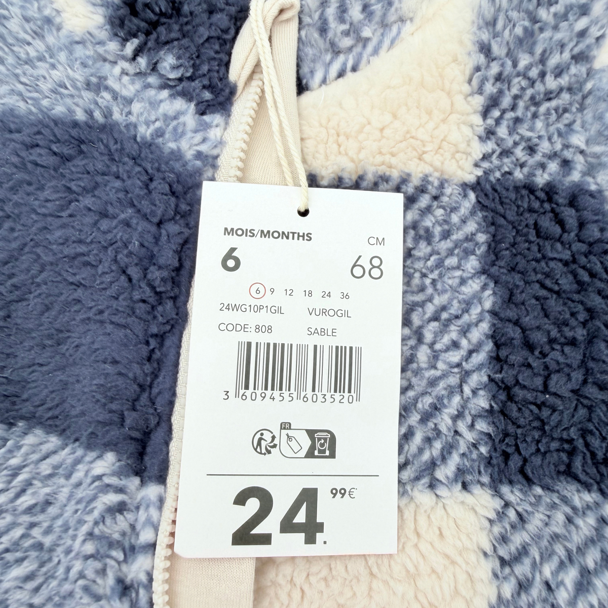 Veste bébé en sherpa à carreaux bleus et poches fantaisie - 6 mois
