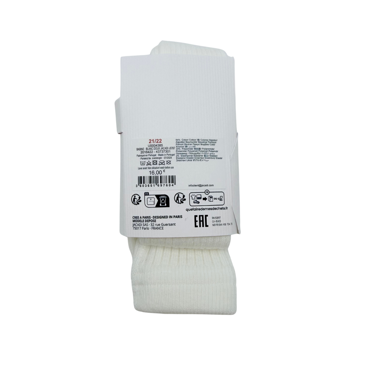 Collant enfant blanc en maille côtelée - 21-22