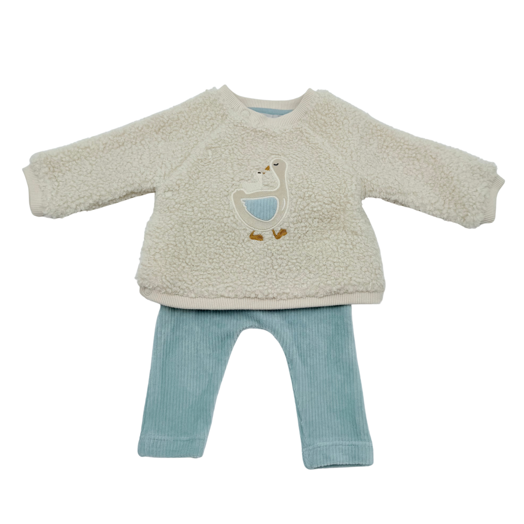 Ensemble bébé sweat écru effet moumoute et pantalon bleu - 3 mois