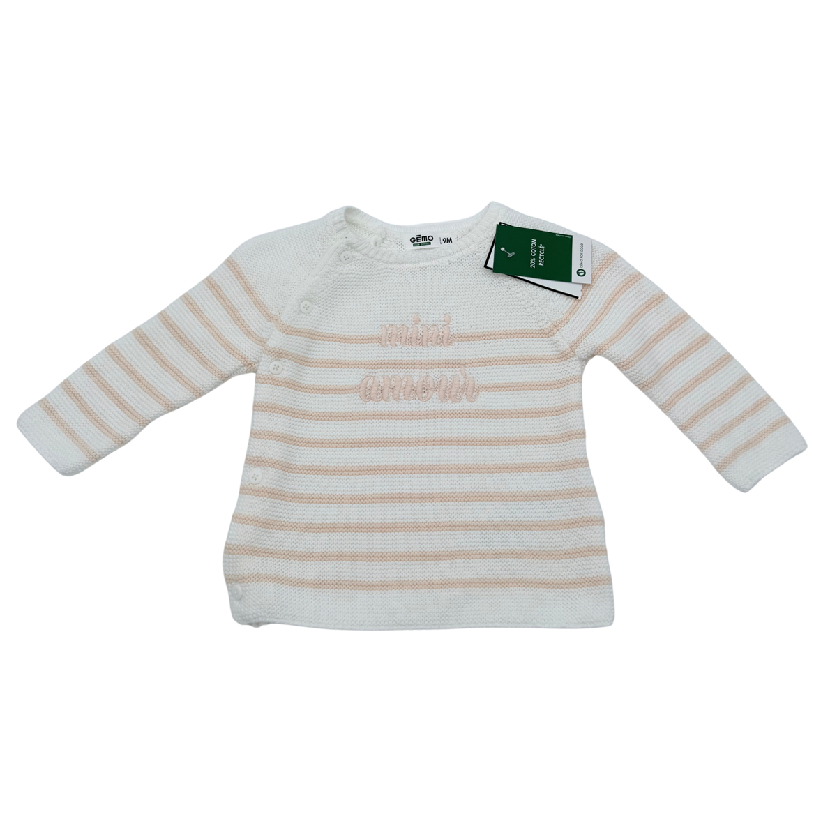 Pull bébé blanc et rose rayé “mini amour” - 9 mois