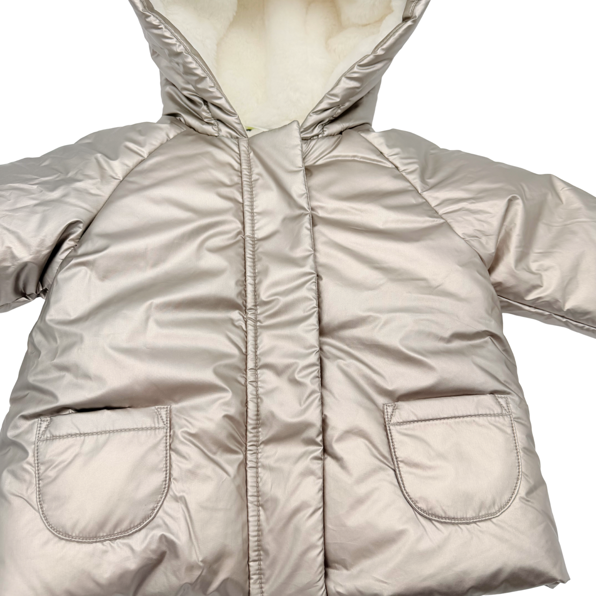 Doudoune bébé à capuche beige irisé et doublure douce – 9 mois