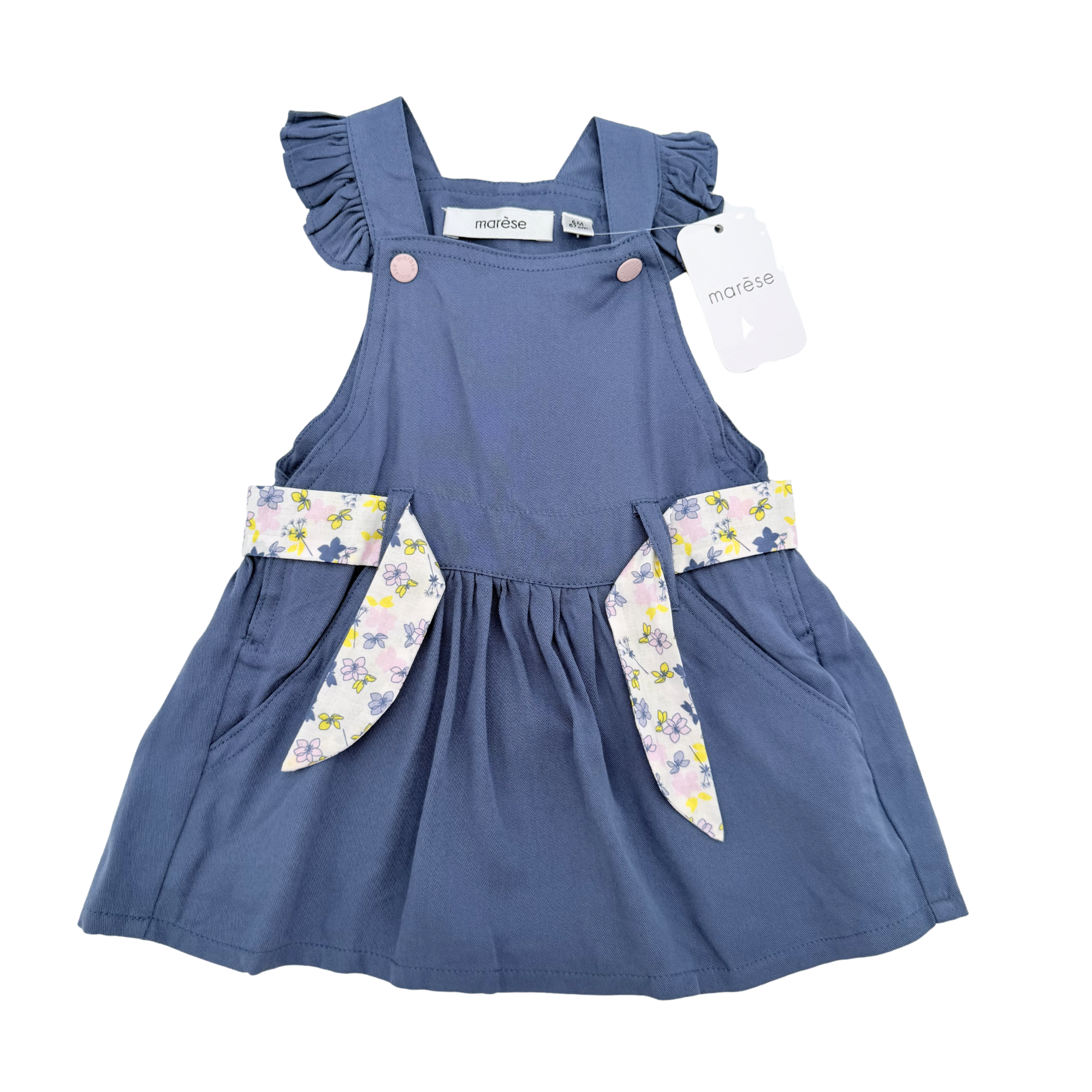 Robe bleue à ceinture fleurie — 6 mois