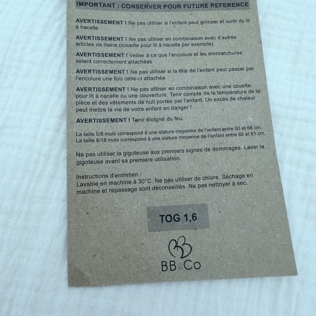 Gigoteuse bébé en gaze de coton écrue TOG1,6 — 0-6 mois