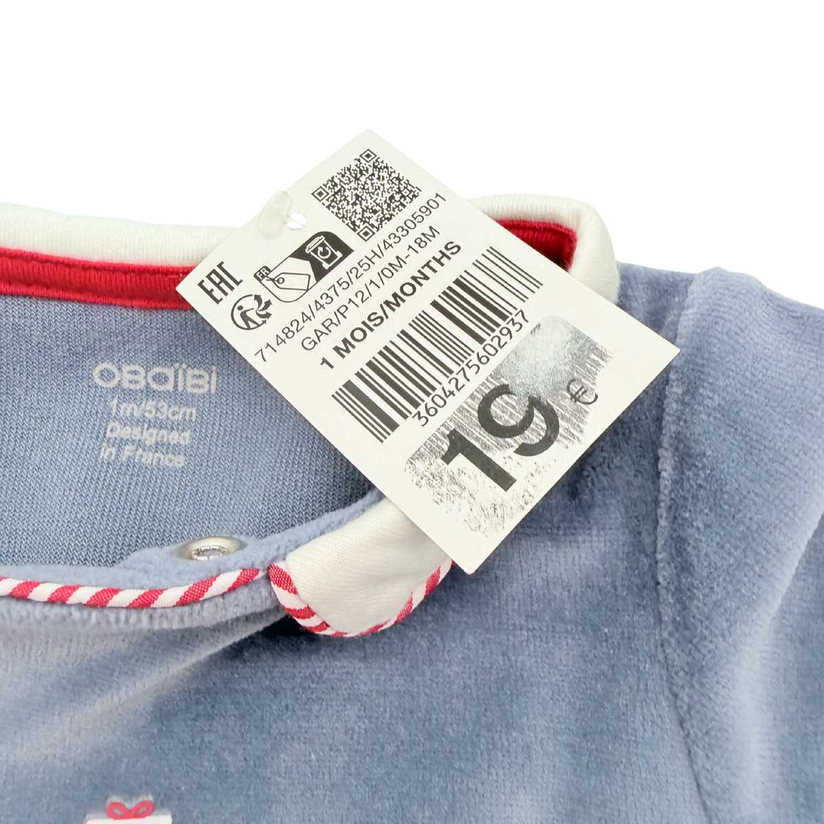 Pyjama bébé en velours gris motif cadeaux - 1 mois