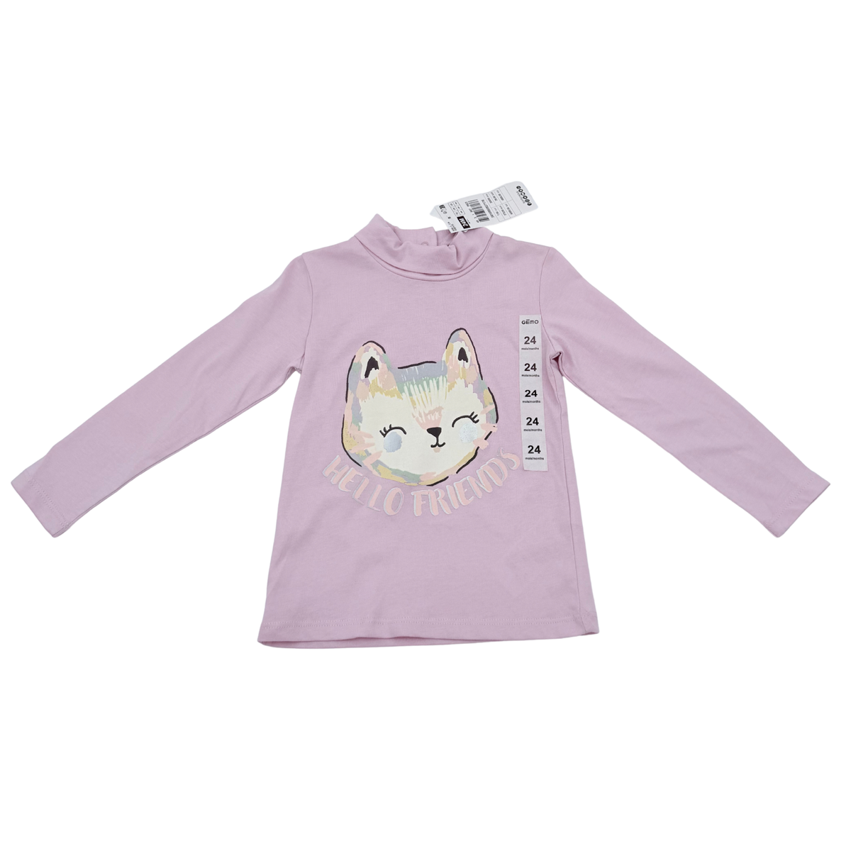 T-shirt col roulé mauve motif chat - 24 mois