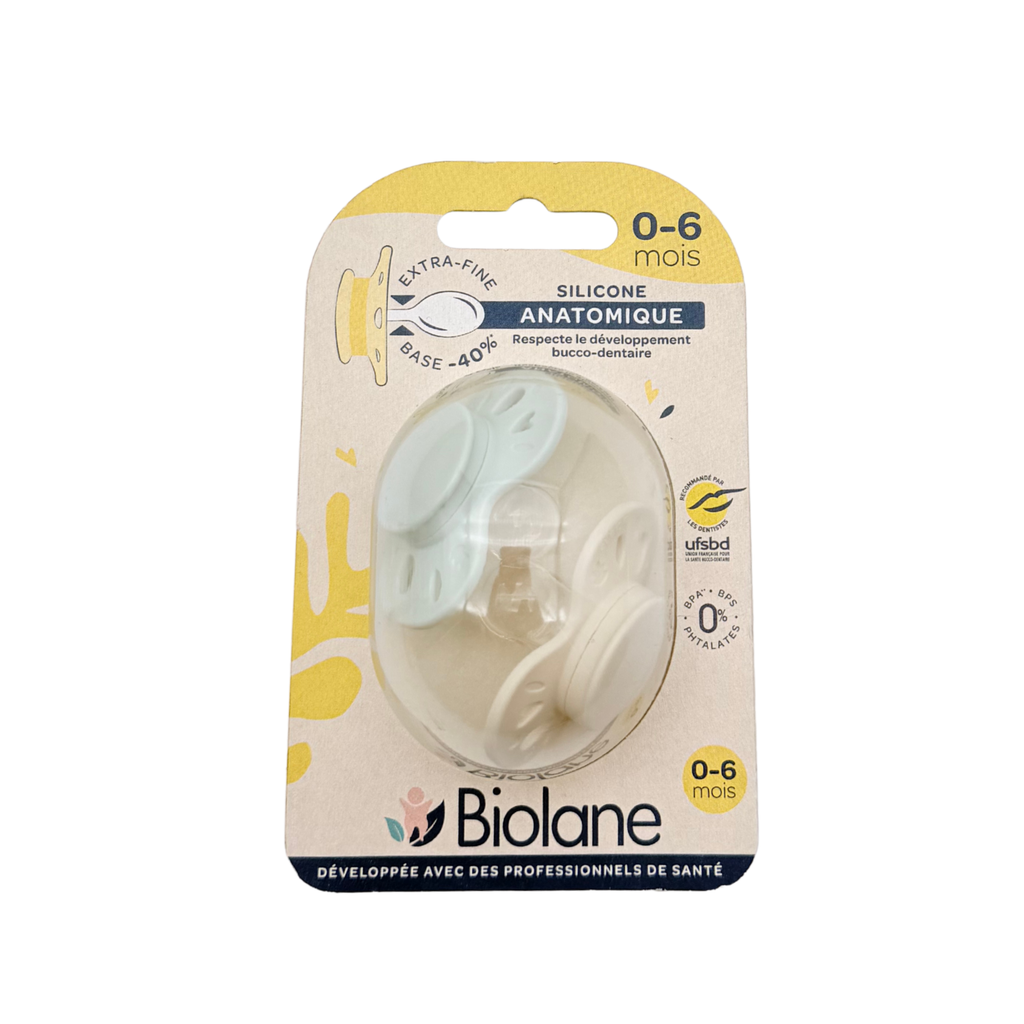 Lot de 2 sucettes silicone anatomique — 0-6 mois