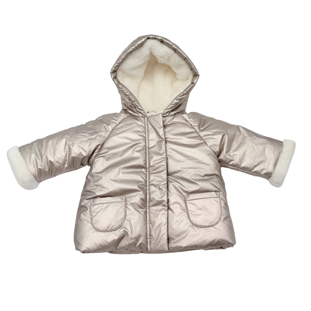 Doudoune bébé à capuche beige irisé et doublure douce – 9 mois