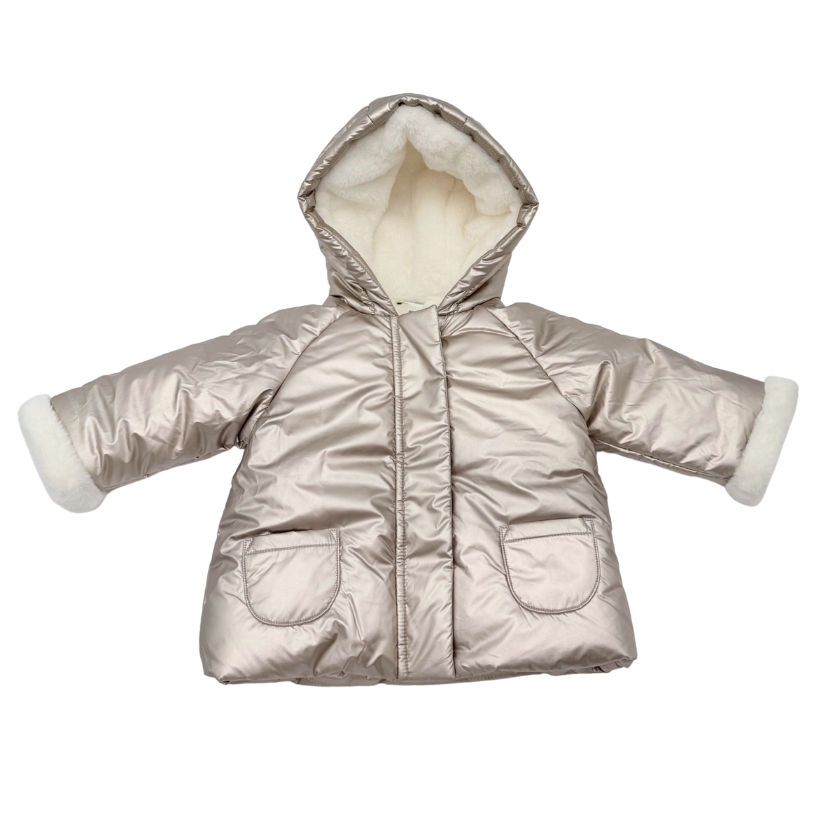 Doudoune bébé à capuche beige irisé et doublure douce – 9 mois