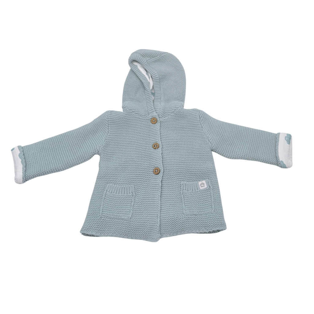 Veste bébé bleu clair à capuche en grosse maille - 6 mois
