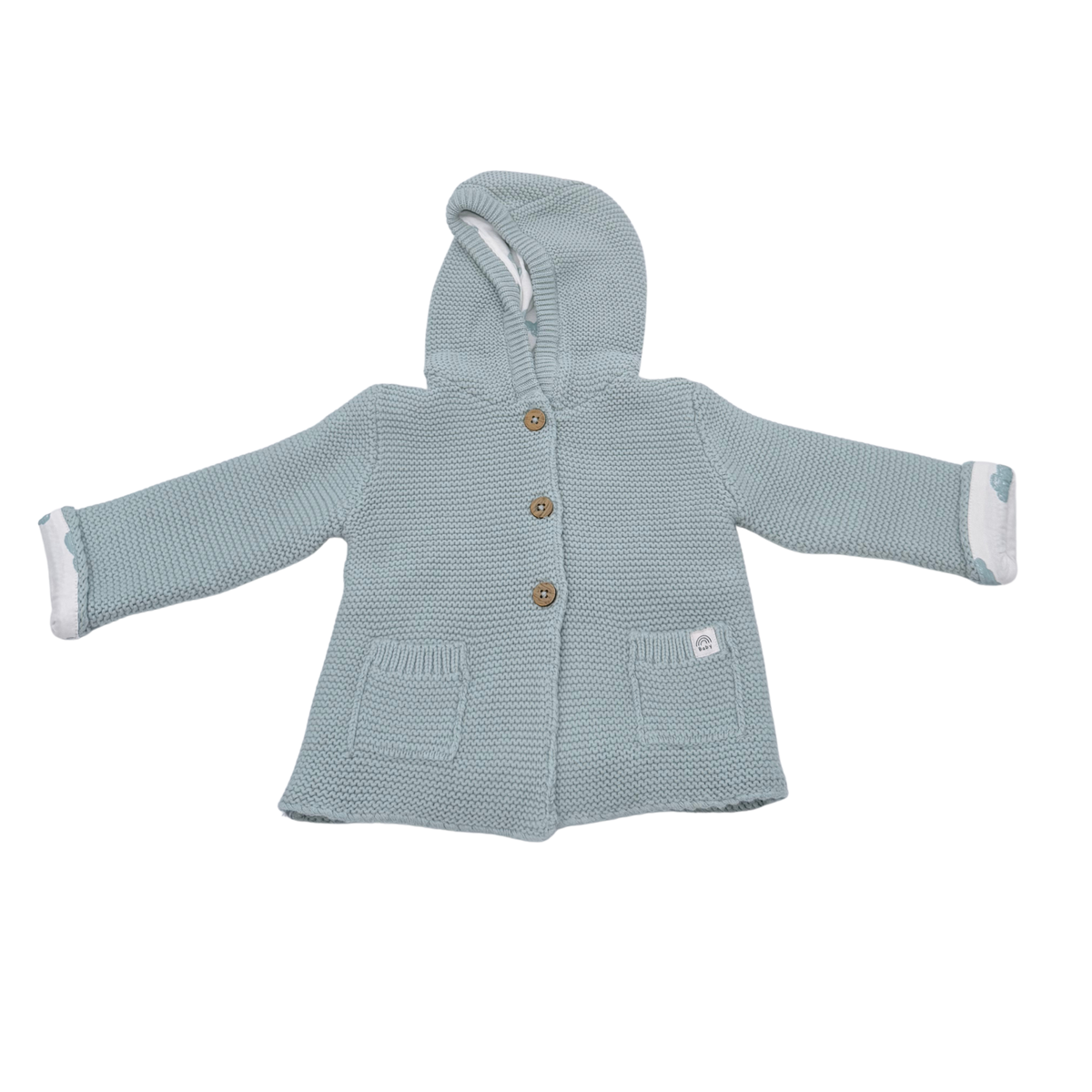 Veste bébé bleu clair à capuche en grosse maille - 6 mois
