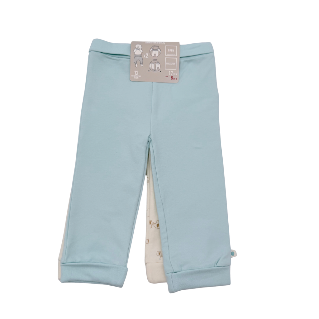 Lot de 2 pantalons bleu clair et écru à motif éléphants - 12 mois