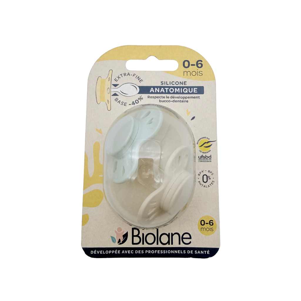 Lot de 2 sucettes silicone anatomique — 0-6 mois