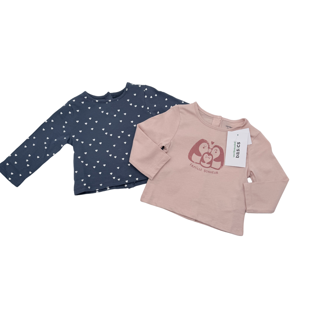 Lot de 2 t-shirts manches longues rose et bleu à imprimés — 6 mois