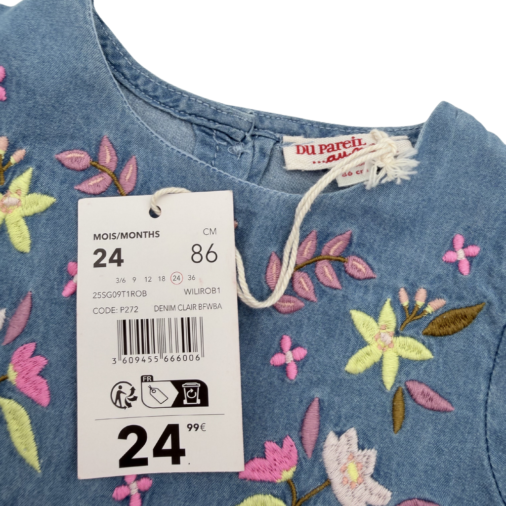 Robe en denim brodée fleurs — 24 mois