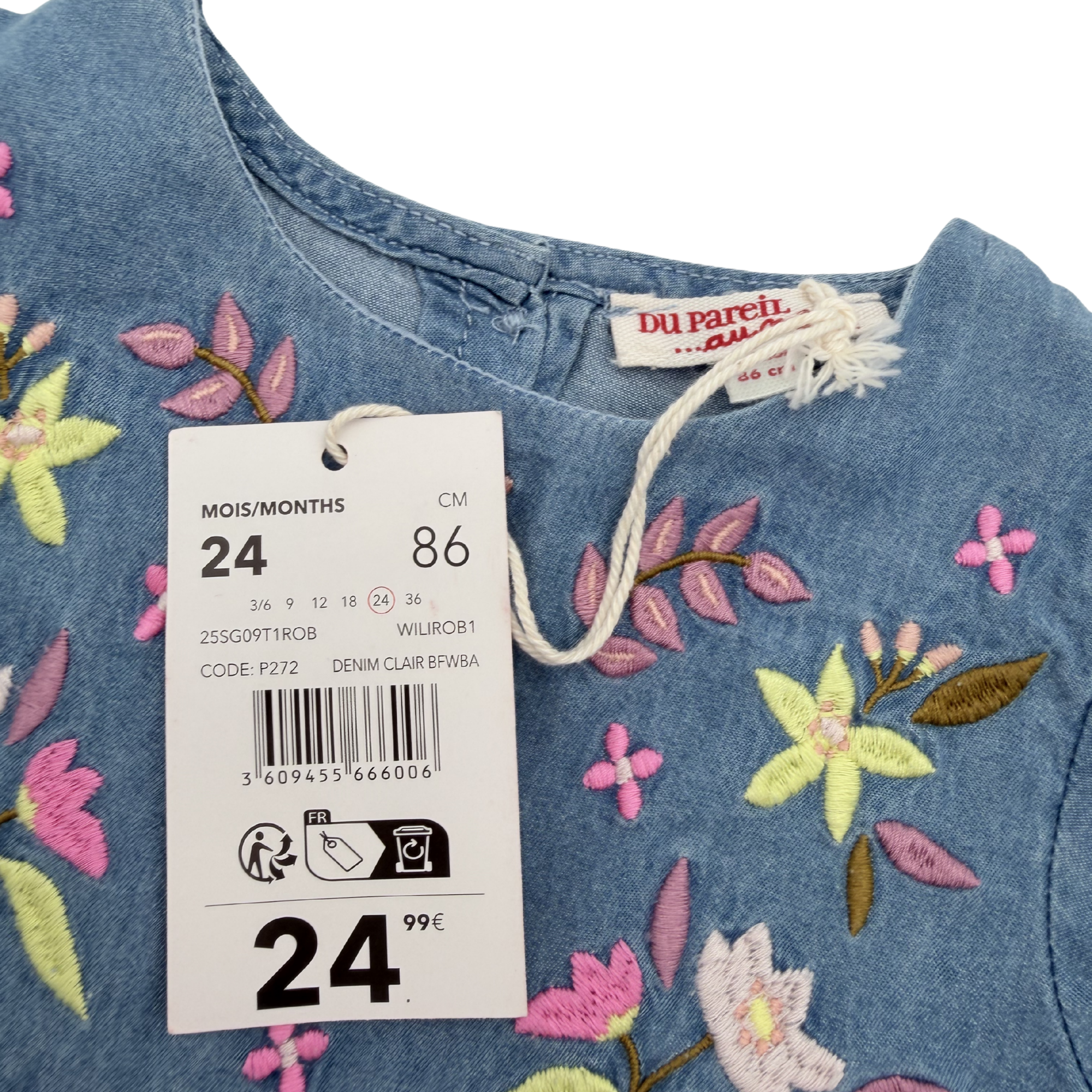 Robe en denim brodée fleurs — 24 mois