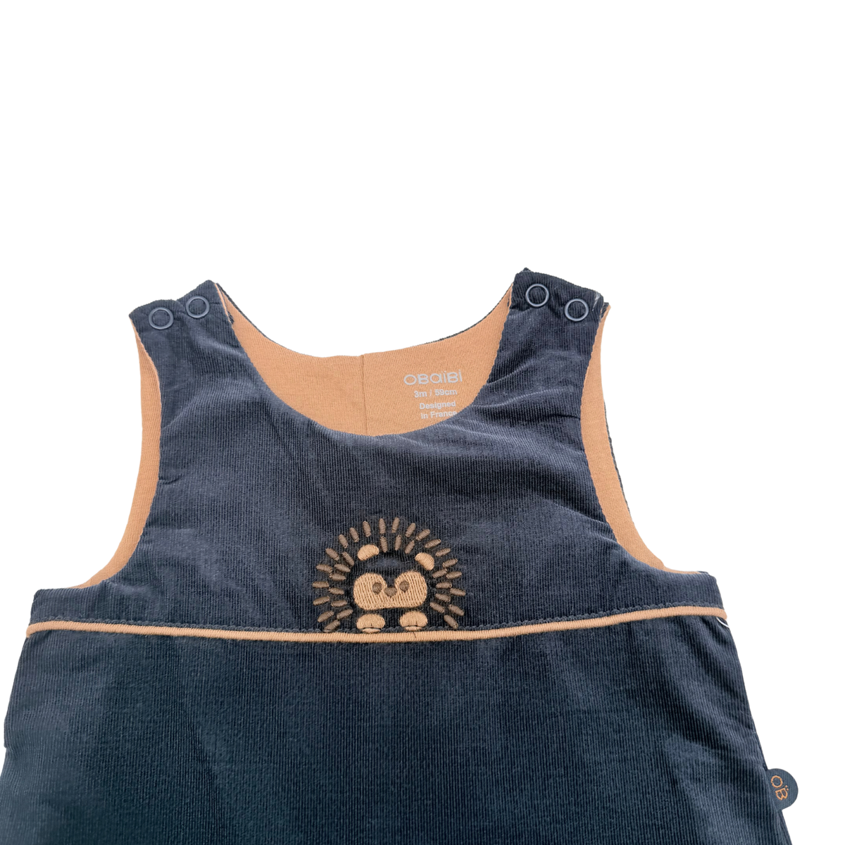 Salopette bébé bleu marine en velours côtelé motif hérisson - 3 mois
