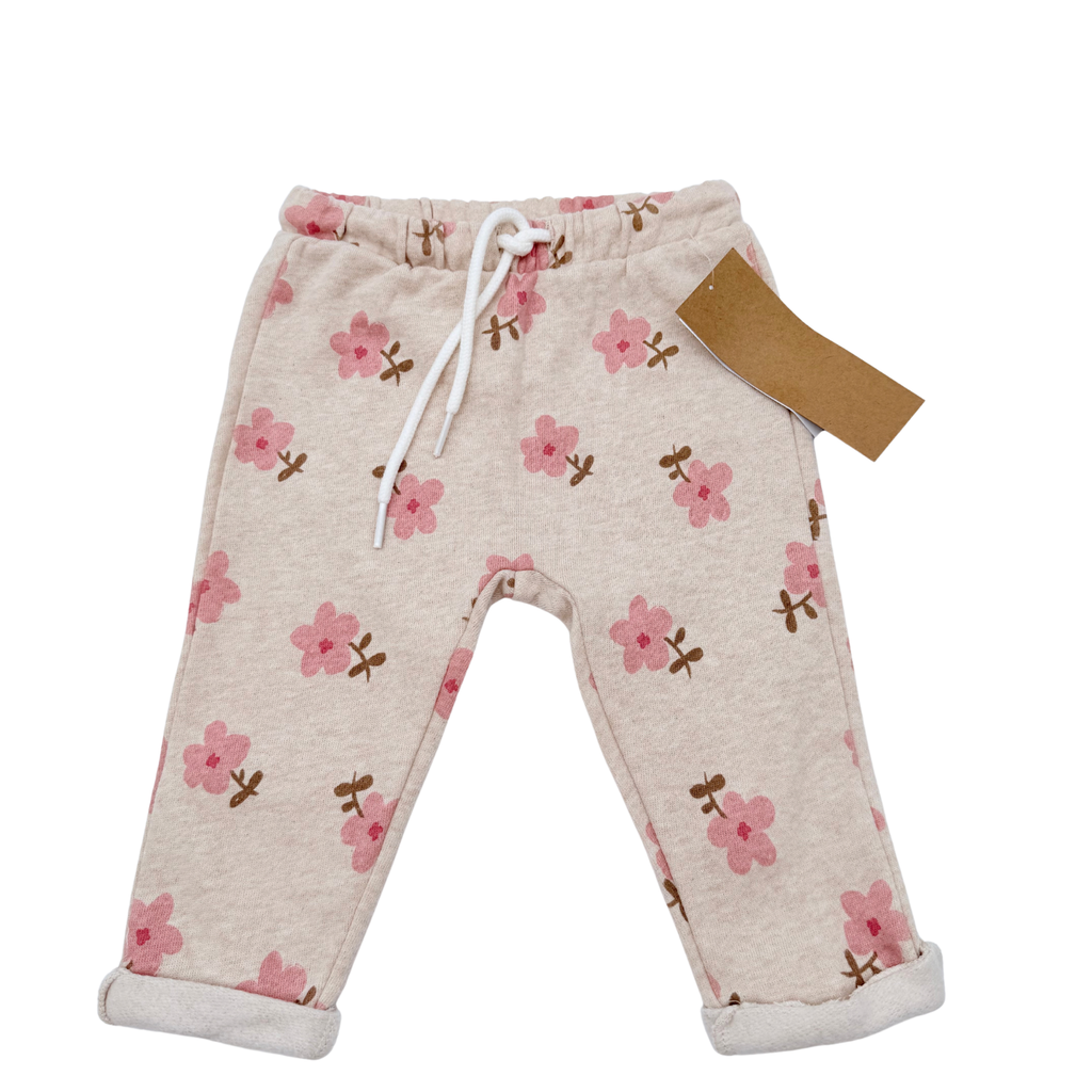 Pantalon beige à fleurs roses - 9 mois