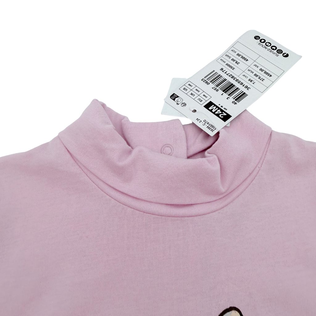 T-shirt col roulé mauve motif chat - 24 mois