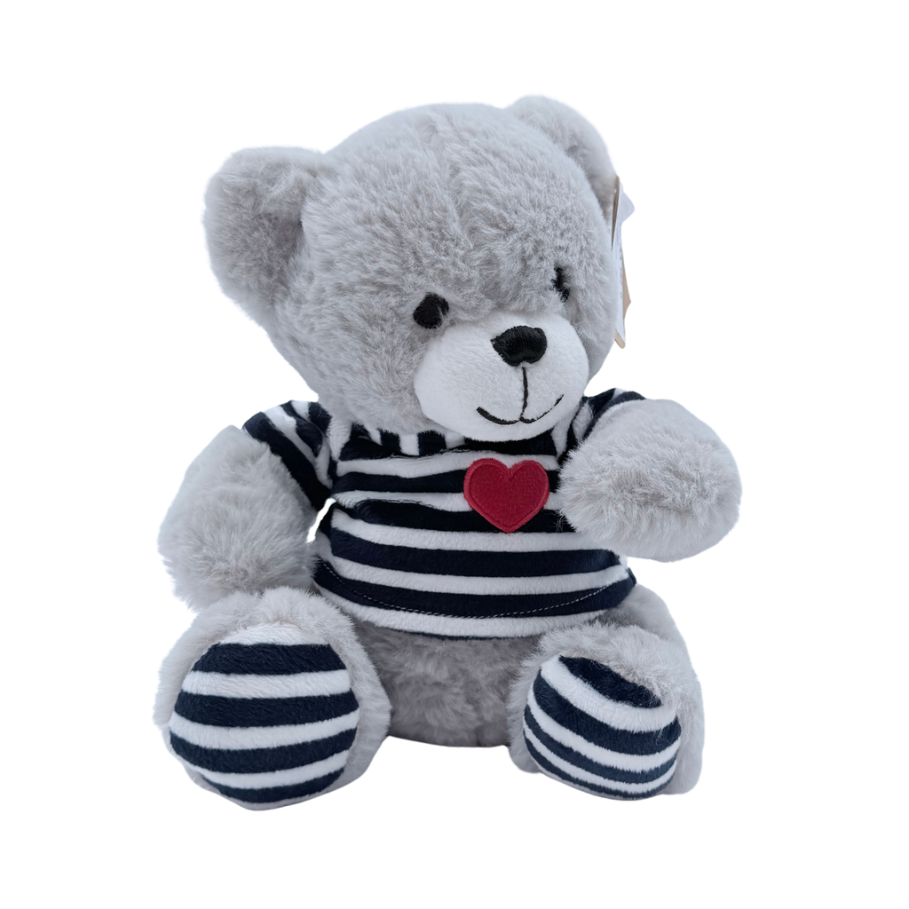 Peluche ours gris en marinière avec cœur rouge – 22 cm