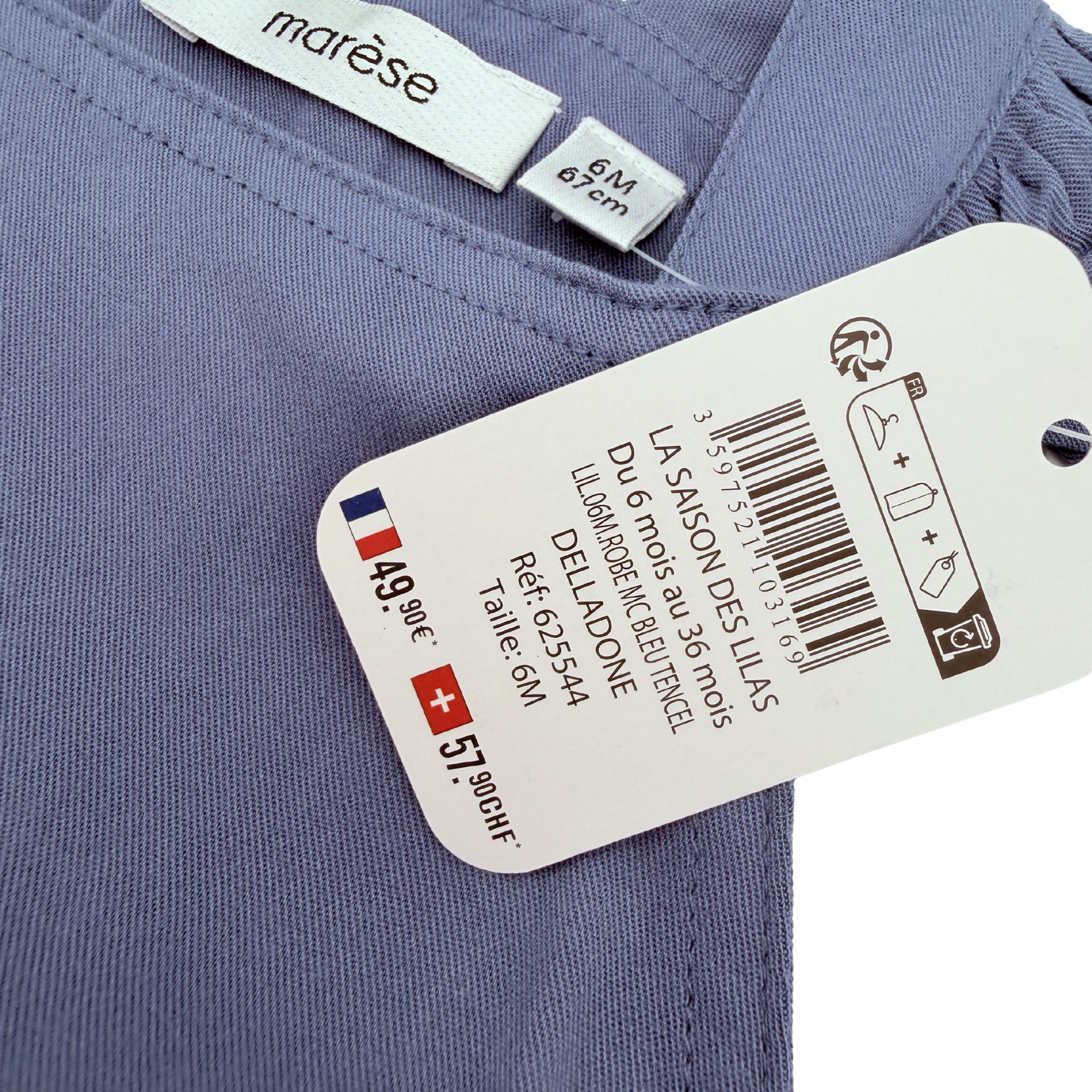 Robe bleue à ceinture fleurie — 6 mois