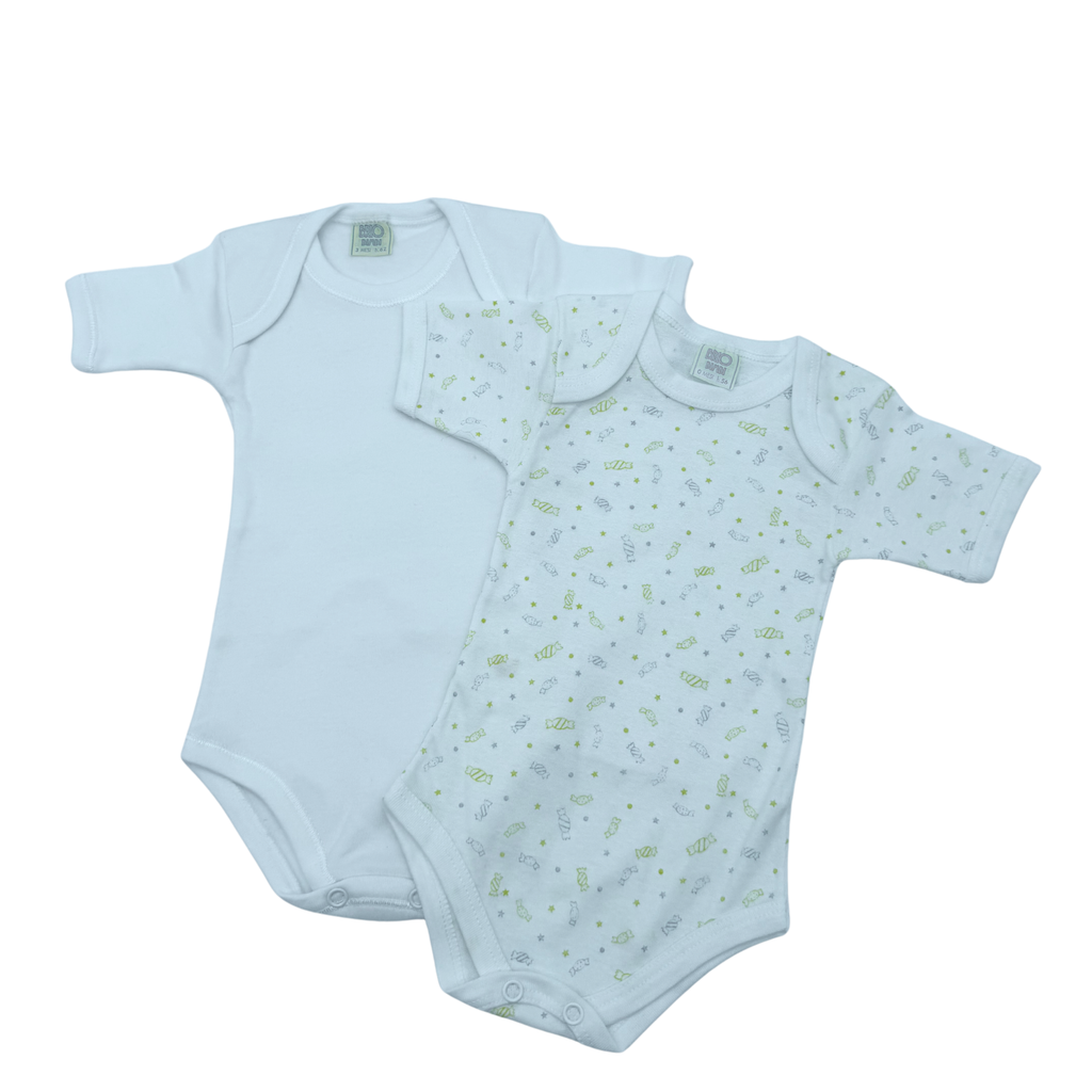 Lot de 2 bodies manches courtes blanc imprimé bonbons — 0-3 mois