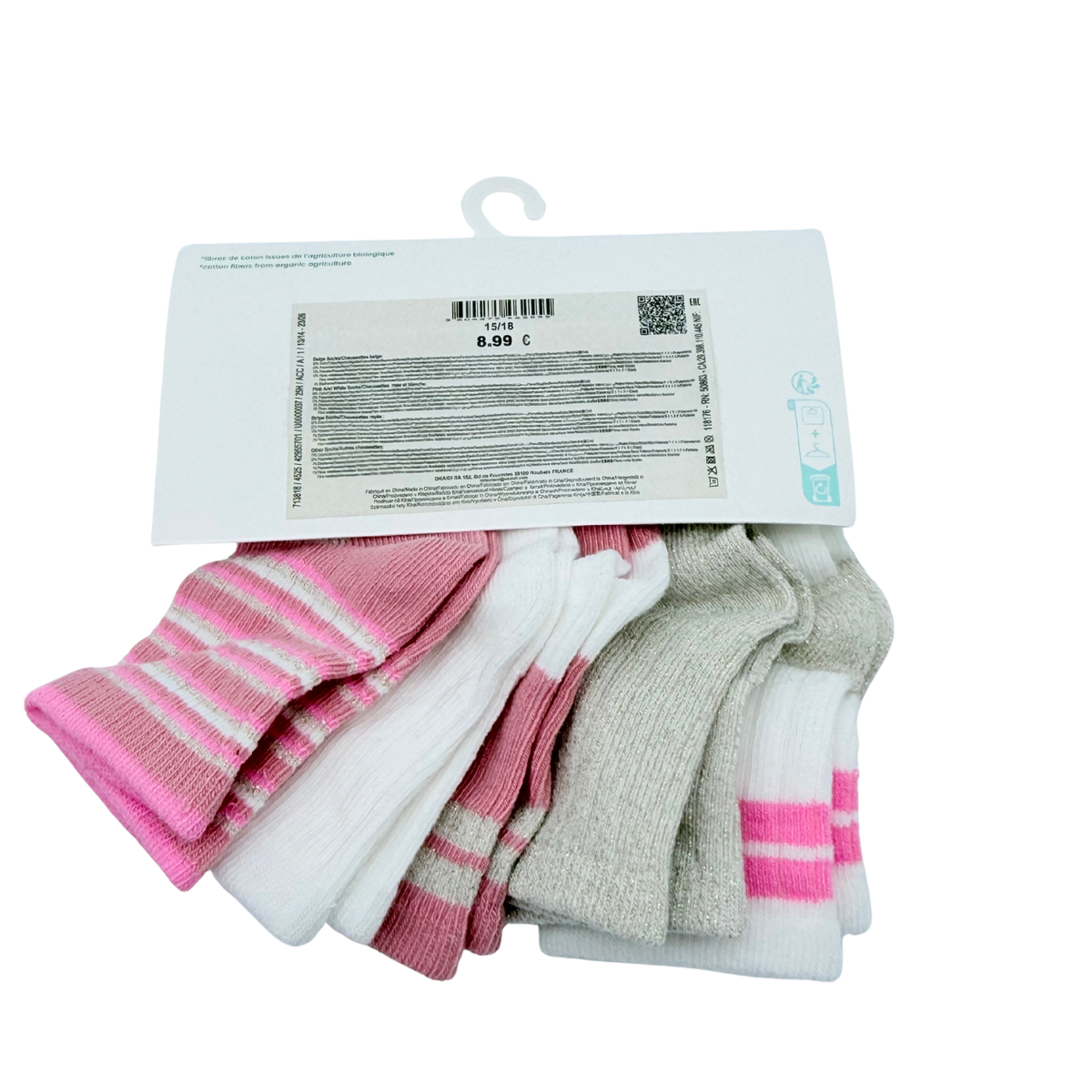Lot de 5 paires de chaussettes rose, blanc et doré – 15-18