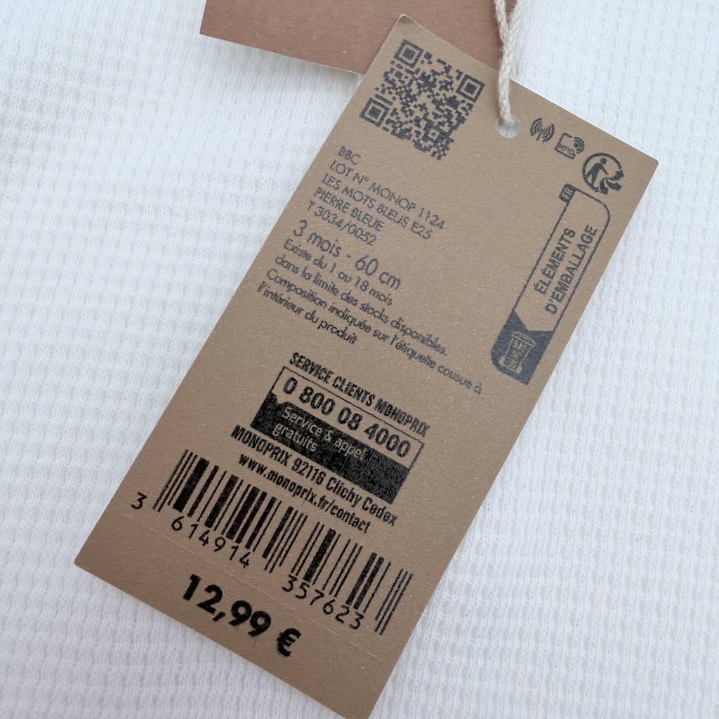 Body gaufré manches longues tricolore — 3 mois