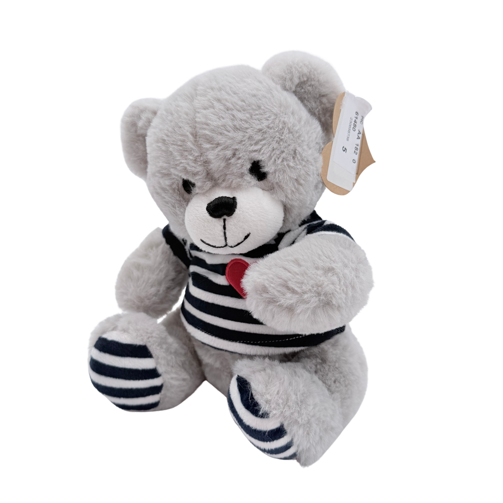 Peluche ours gris en marinière avec cœur rouge – 22 cm
