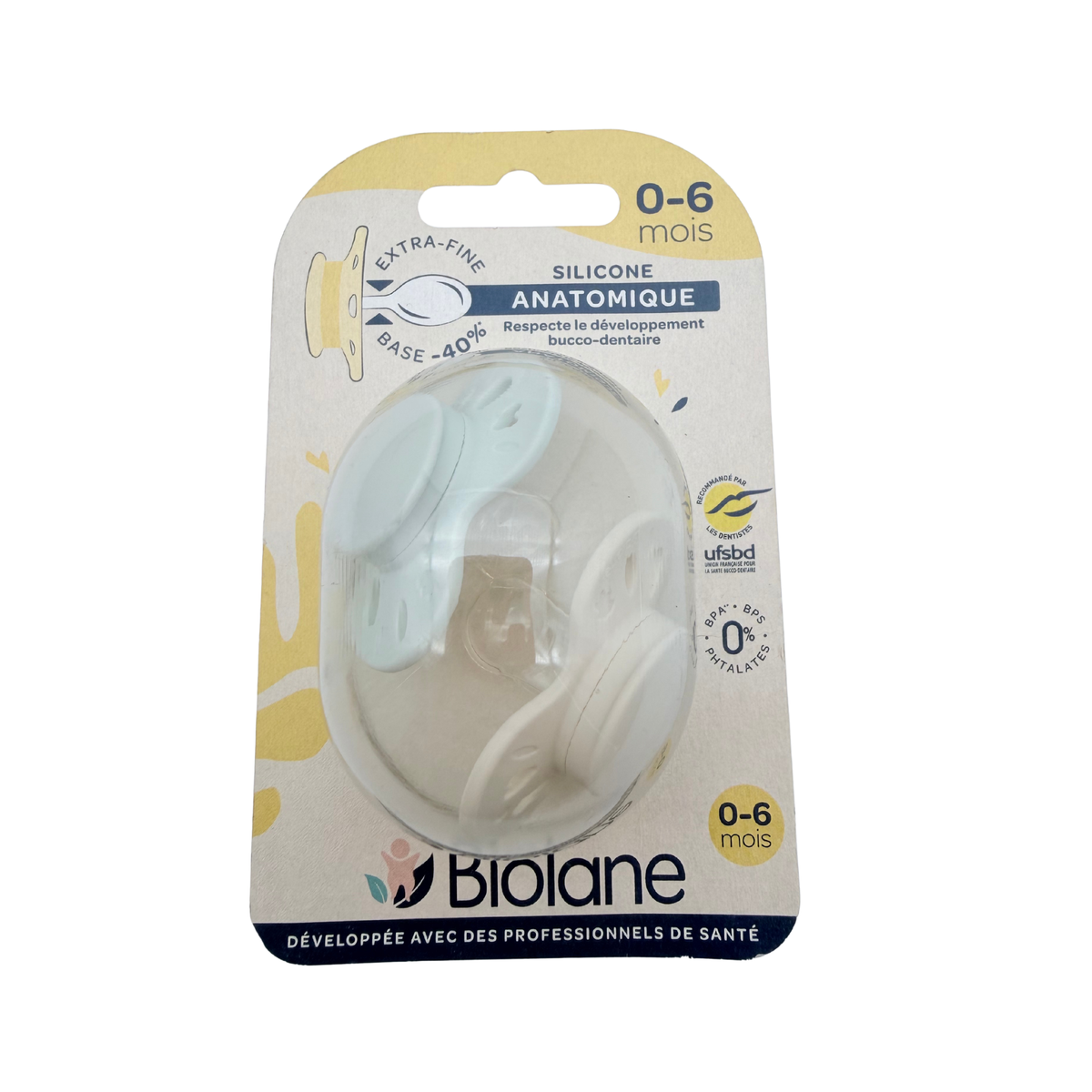 Lot de 2 sucettes silicone anatomique — 0-6 mois