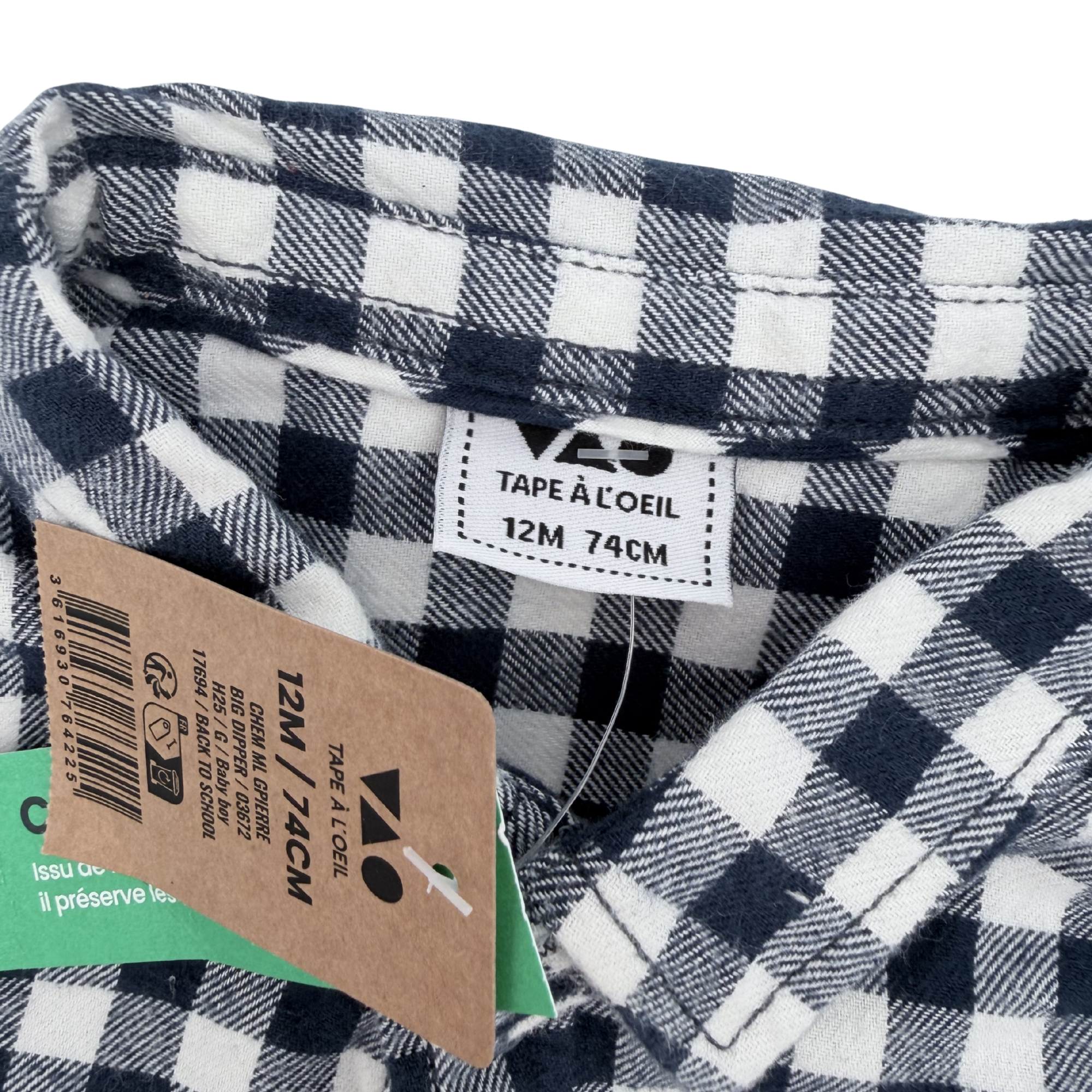 Chemise à carreaux bleu marine et blanc — 12 mois