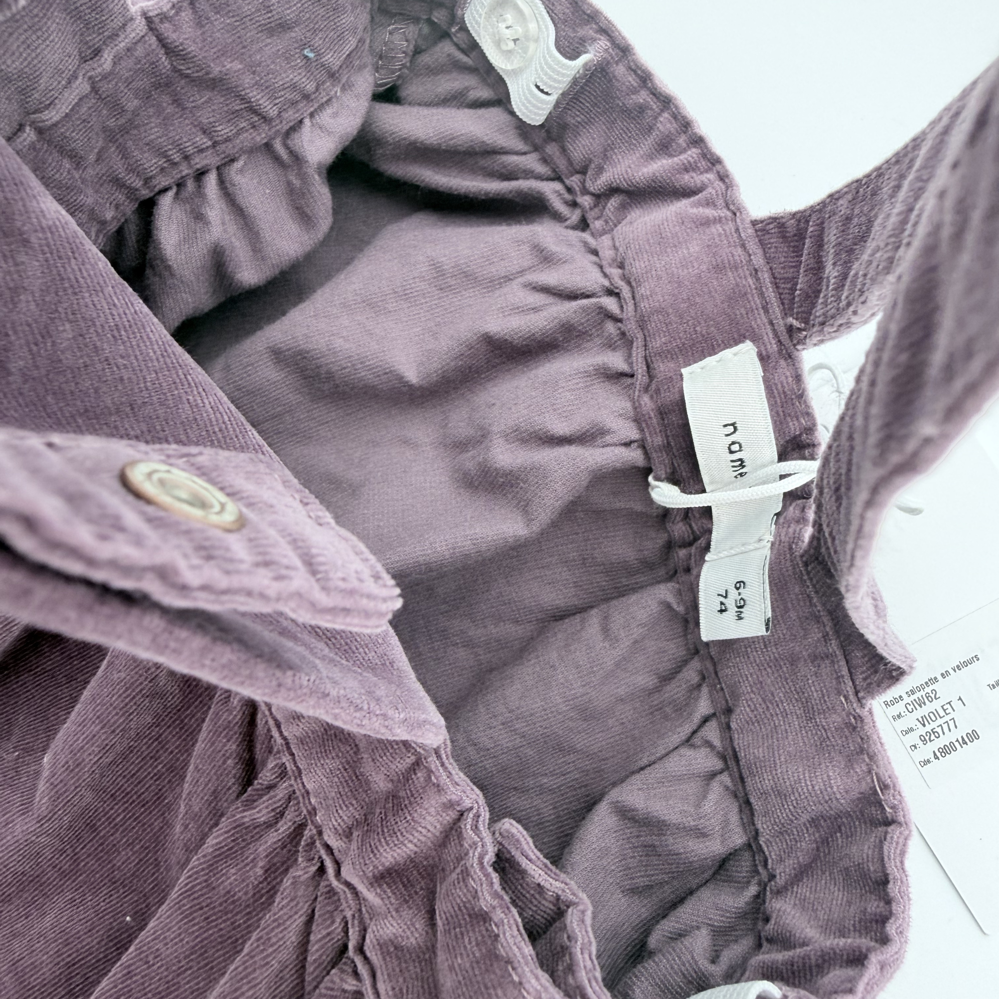 Robe chasuble velours mauve — 6-9 mois