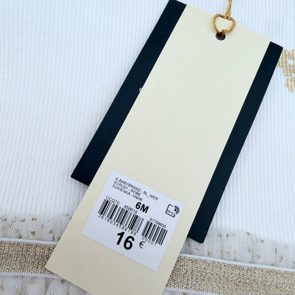 Robe blanche et dorée à tulle pailleté — 6 mois
