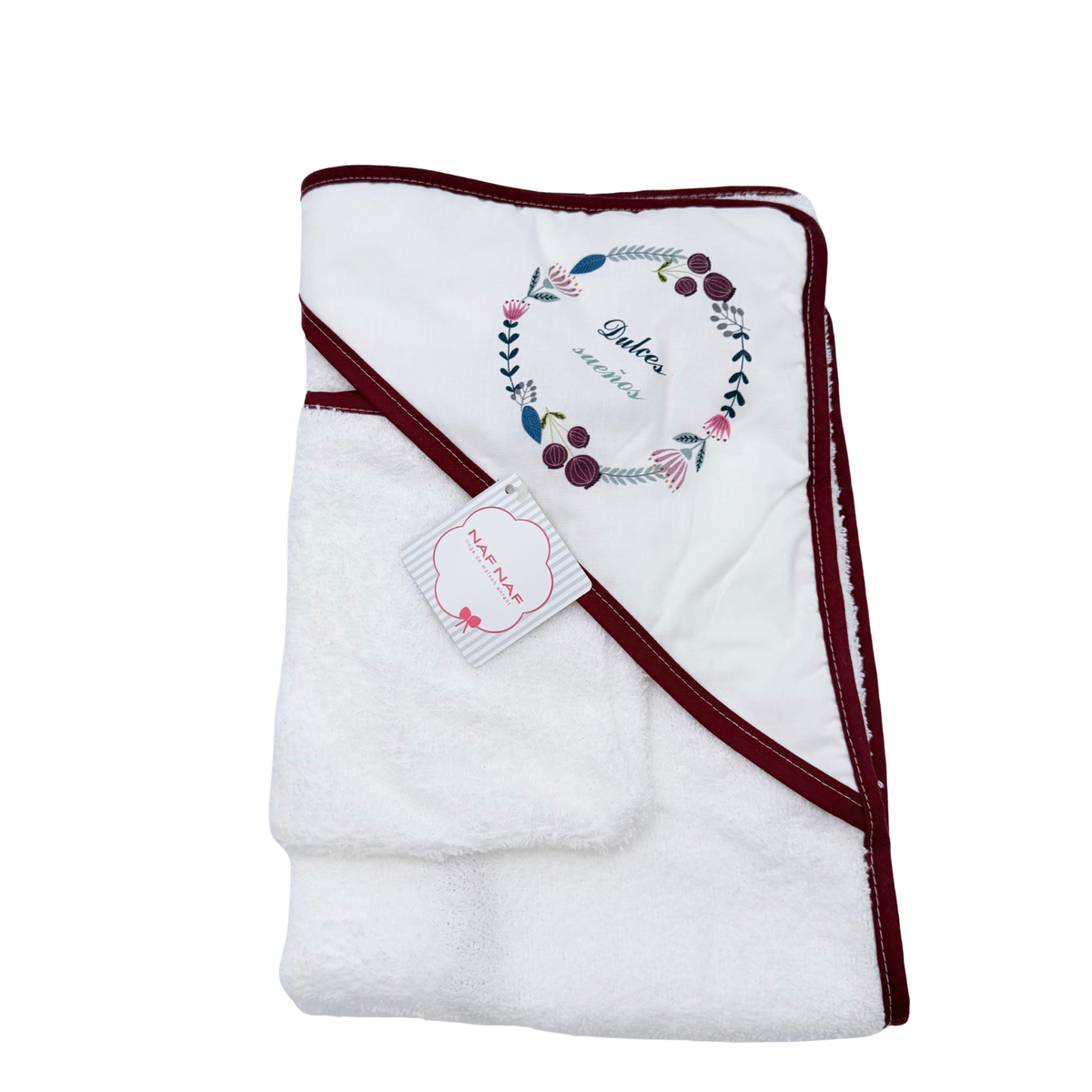 Cape de bain bébé blanche à détails bordeaux - 75x75 cm