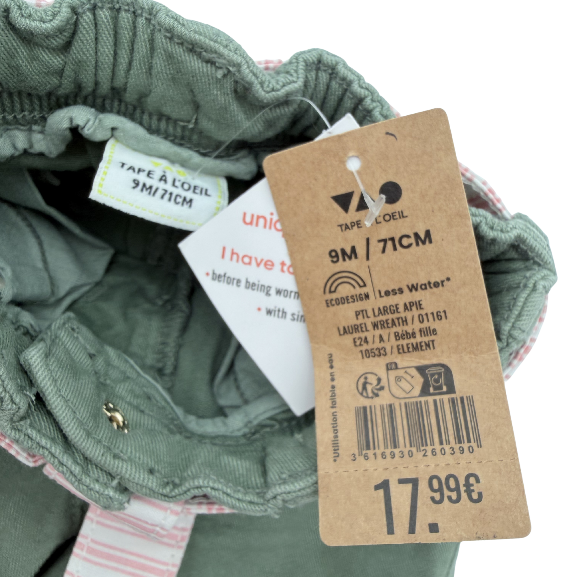 Pantalon large vert kaki avec ceinture rayée rose — 9 mois