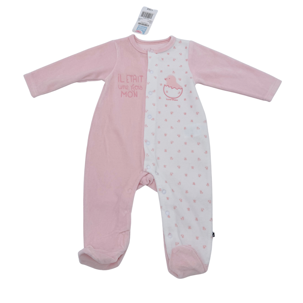Pyjama bébé rose et blanc à pieds - 12 mois