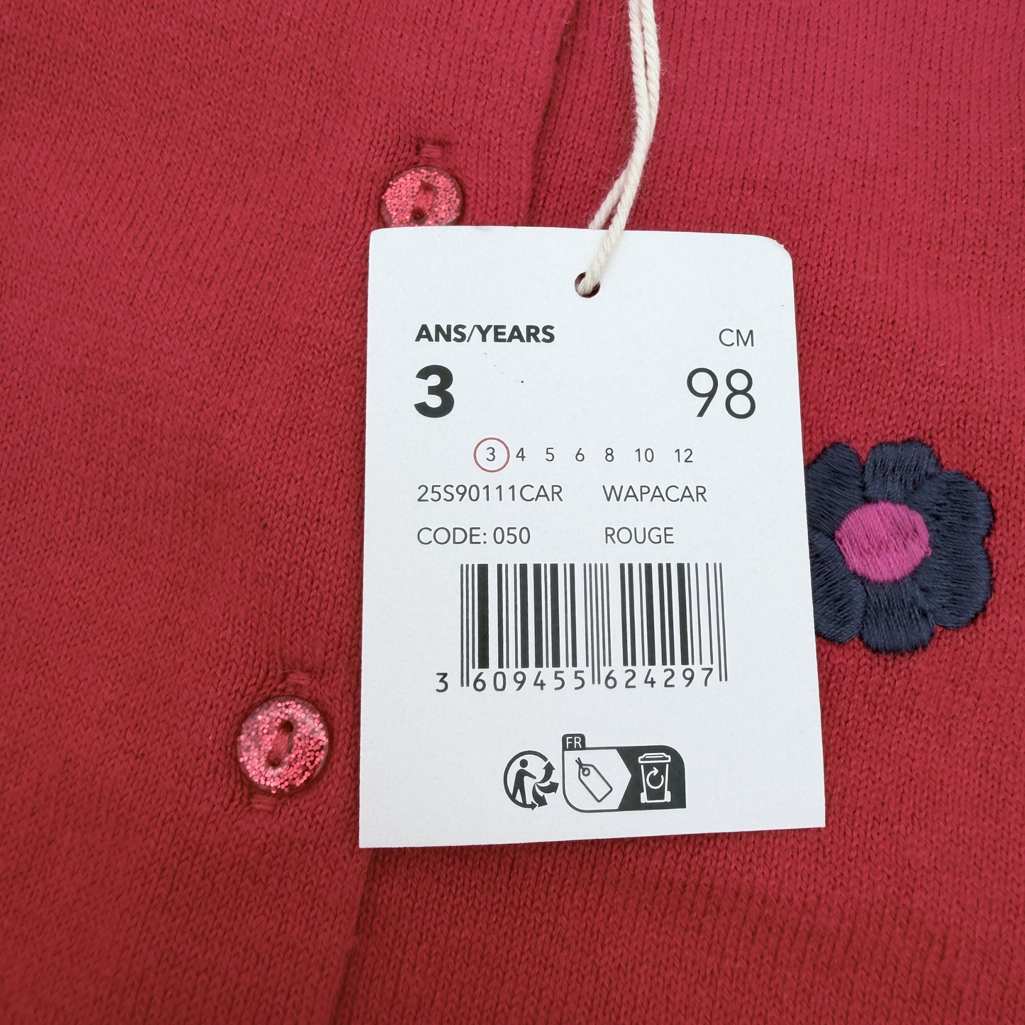 Gilet rouge fleurs — 3 ans