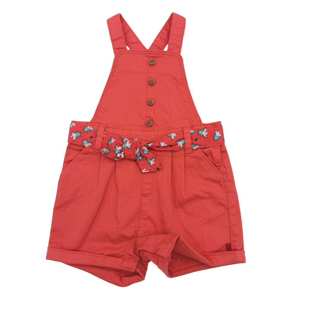Salopette short corail à ceinture fleurie — 9 mois