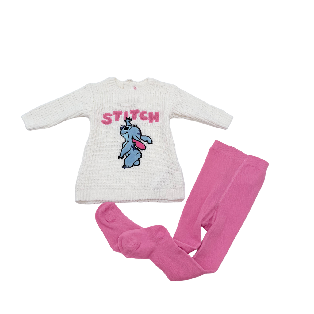 Robe pull écru Stitch et collants roses - 0-3 mois