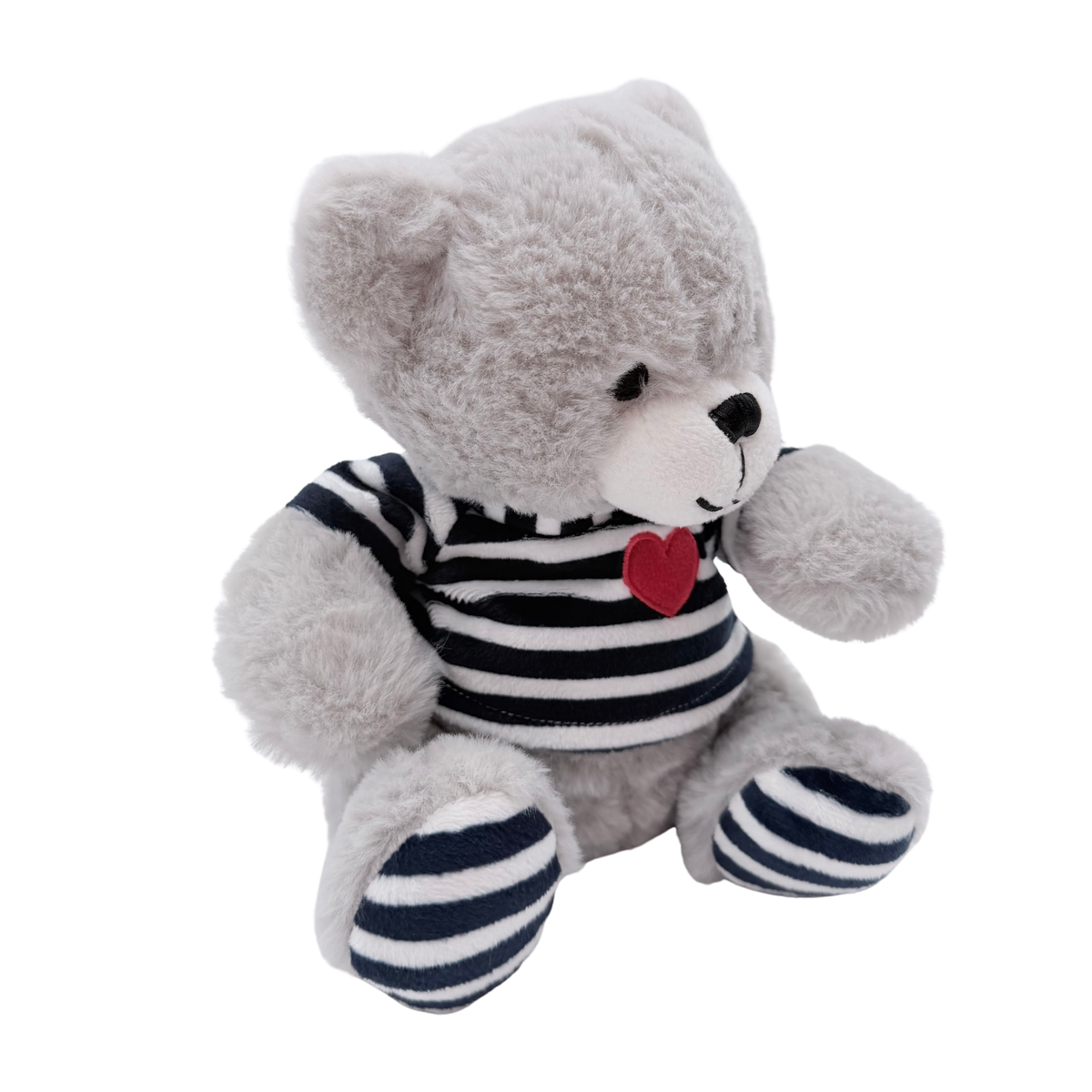 Peluche ours gris en marinière avec cœur rouge – 22 cm